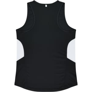 A black women's singlet with white side panels and a logo. The design is sporty and sleek.