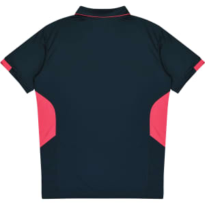 A navy polo shirt featuring bright pink accents on the sides, with a collar and a logo on the front.