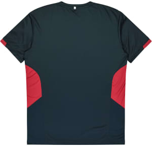 A dark green t-shirt featuring red accents on the sides and a logo on the back.