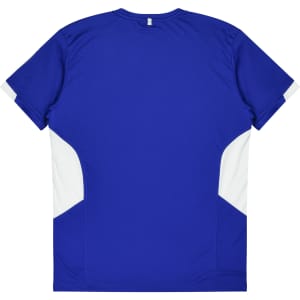 A blue T-shirt with white side panels and a logo on the back, designed for kids.