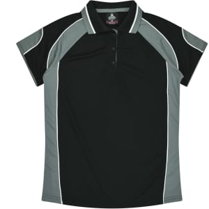 A black and grey polo shirt with short sleeves and a collared design. It features contrasting panels and a logo.