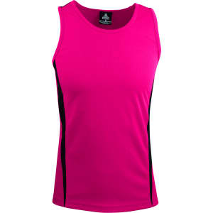 A bright pink men's singlet with black side panels and a logo on the neckline.