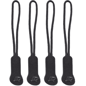 A set of four black zip puller accessories with a textured design and a logo on each.