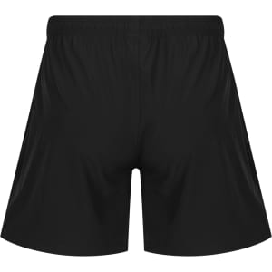 Black sports shorts with an elastic waistband and a simple design, featuring a logo.