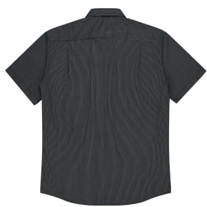 A short sleeve button-up shirt in dark grey with subtle vertical stripes, featuring a back yoke and collar.