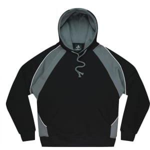 A black and grey hoodie with a front pocket and a drawstring hood, featuring a logo.