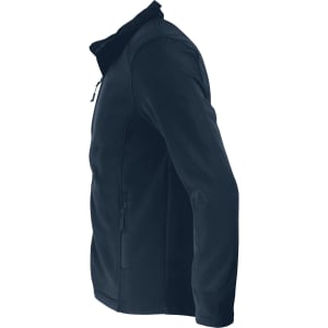 A soft shell jacket in navy blue, featuring a zippered pocket and a sleek design. It has a logo on it.