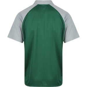 A green polo shirt with grey raglan sleeves, featuring a logo on the back.