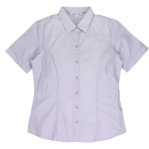 A short-sleeve button-up shirt in light purple with a fitted design and a collar, featuring a logo.