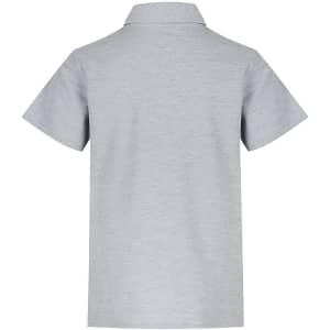 A grey polo shirt with a simple design, featuring a collar and short sleeves, and a branding logo.
