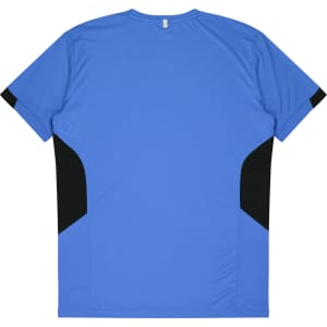 A blue T-shirt with black side panels and a tag at the neck; features a simple, sporty design.