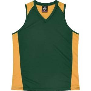 A green and gold singlet featuring a V-neck design and a logo on the neckline.