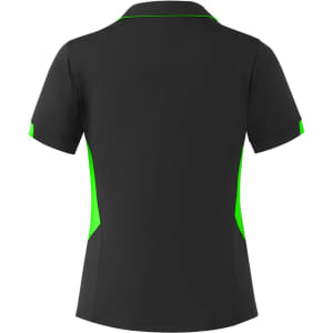 A black polo shirt with green accents, featuring a collar and short sleeves. It has branding on it.