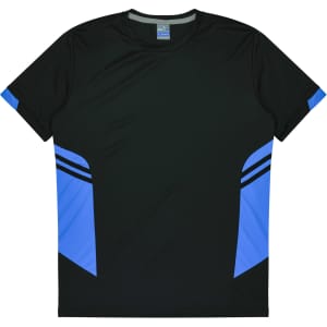 A black and blue T-shirt featuring a logo, designed for kids and promoting active wear.