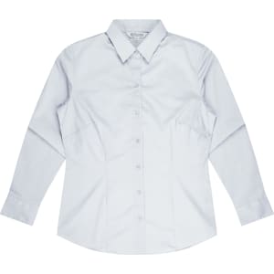 A light blue long sleeve button-up shirt with a collar and a logo. Suitable for casual or professional settings.