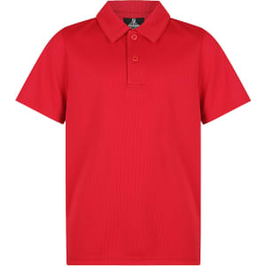A red polo shirt featuring a collar, button placket, and a logo on the chest. Suitable for kids' sports uniforms.