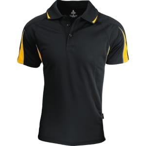 A black polo shirt with yellow accents, featuring a collar and a logo.