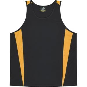 A black singlet with yellow side panels and a logo on the neckline. Suitable for kids.