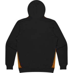 A black hoodie with orange side panels and a hood. The back view shows a smooth, unadorned surface.