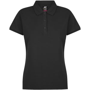 A black polo shirt for women with a collared neckline and three buttons, featuring a logo on the inside.
