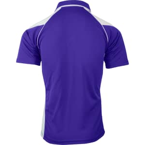A purple polo shirt featuring a contrasting design, with a branded logo on the back.