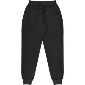 Black tapered fleece kids pants with an elastic waistband and drawstring, featuring side pockets.