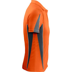 An orange polo shirt featuring grey highlights and a logo on the chest, displayed from the side.