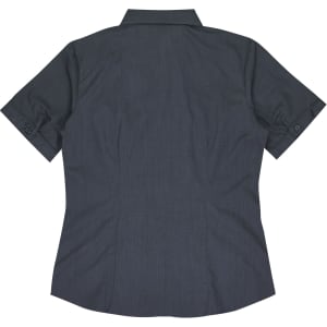 A short-sleeve, button-up women's shirt in a dark grey colour with a back view and rolled sleeves. It has a logo.