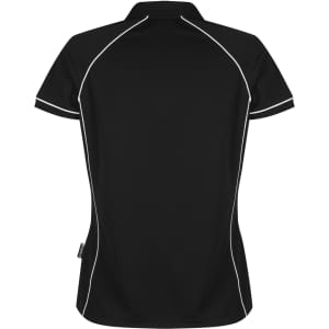 A black polo shirt featuring white piping, designed for women, with a logo.