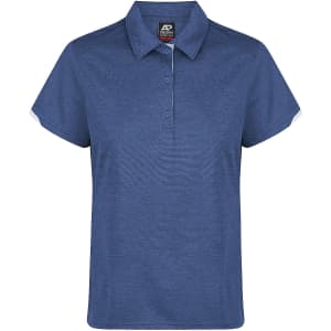A navy blue polo shirt with short sleeves and a collar, featuring contrasting accents and a branding logo.