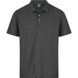 A dark grey polo shirt with a standard collar and three-button placket. It features a logo on the label.