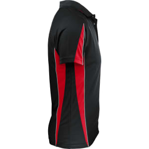 A black polo shirt with red and white accents on the sides, featuring a collar and short sleeves.