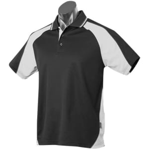 A black and grey polo shirt displayed on a mannequin with a logo on it.