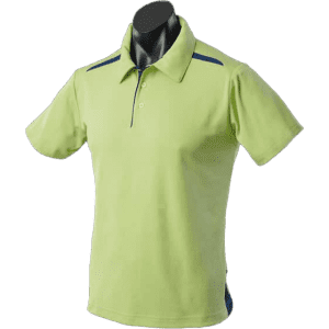 A lime green polo shirt with a collar and short sleeves, featuring blue accents and a logo.