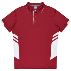 A red polo shirt featuring white accents and a branded logo on the chest. Suitable for kids.