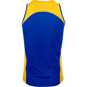A blue and yellow singlet with a sleek design and a logo on the back. Perfect for active wear.