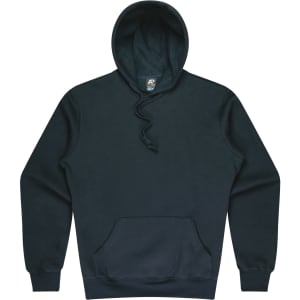 A black men's hoodie featuring a front pocket and a drawstring hood. The design includes a logo.