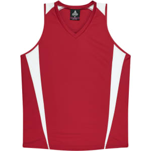 A red singlet with white panels on the sides and a V-neck design. The singlet features a logo.