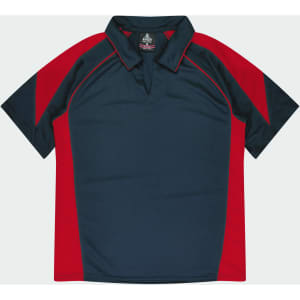 A polo shirt featuring navy and red colours with a logo on the collar area.