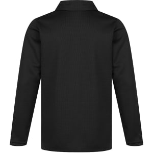 A black long-sleeved polo shirt with a collar, featuring a logo on the front.