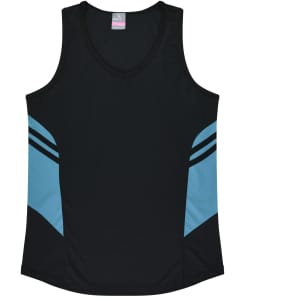 A black singlet featuring blue side panels and a logo on the upper centre.