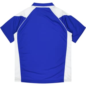 A blue and white polo shirt featuring a branded logo on the back.