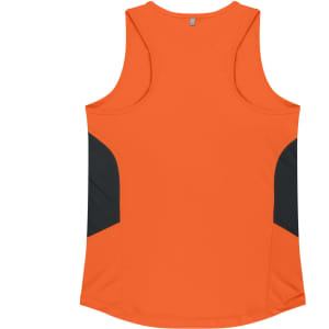 An orange singlet with black panels on the sides, featuring a logo on the back.