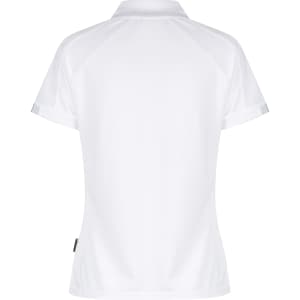 A white polo shirt with a classic collar and short sleeves. The shirt features a branding logo.