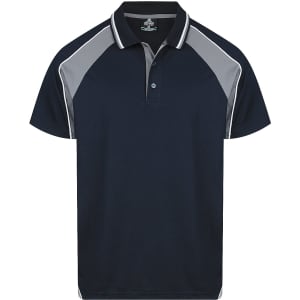A navy blue polo shirt featuring grey accents and a logo on the chest.