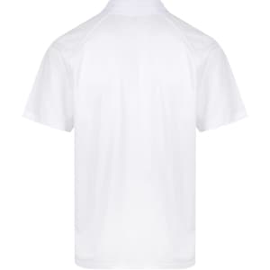 A white polo shirt with a modern cut and a logo on the back. Suitable for casual or semi-formal occasions.