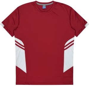 A red T-shirt featuring white and grey design elements and a branding logo.