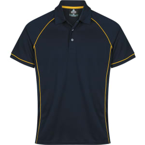 A navy polo shirt with yellow piping and a collar. It features a logo on the chest.