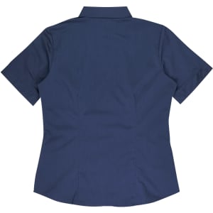 A navy blue short sleeve button-up shirt featuring a fitted design and a collar, with a logo on the back.