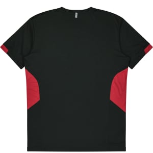 A black T-shirt with red side panels and a logo on the back.